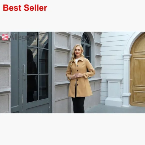 Polyester Pea Coat with Pockets Single Breasted Overcoat Winter